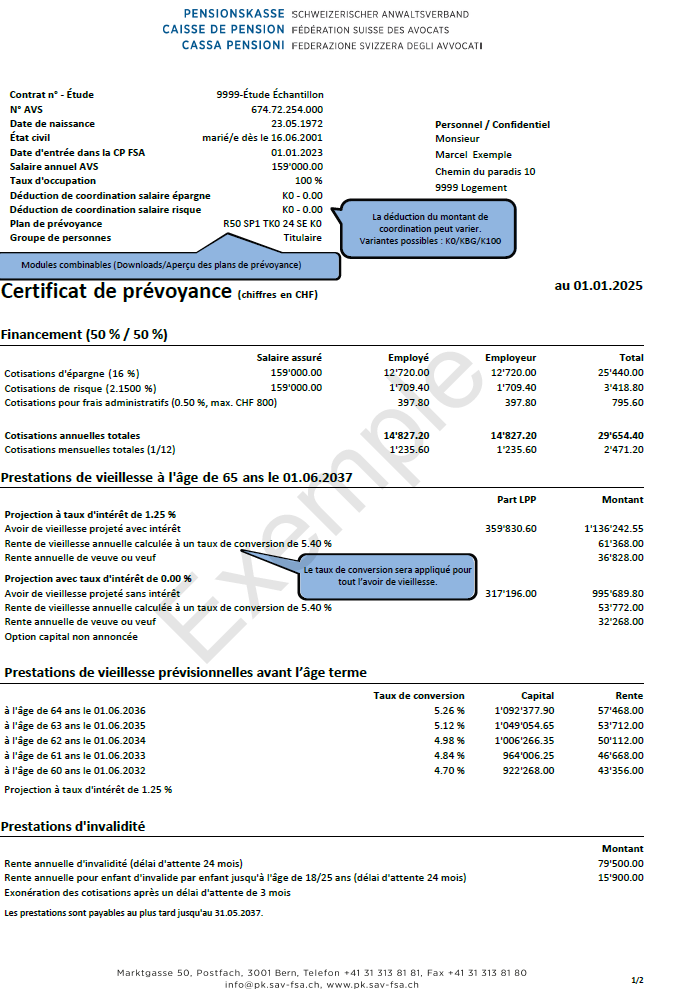 Exemple d'un certificat de prévoyance